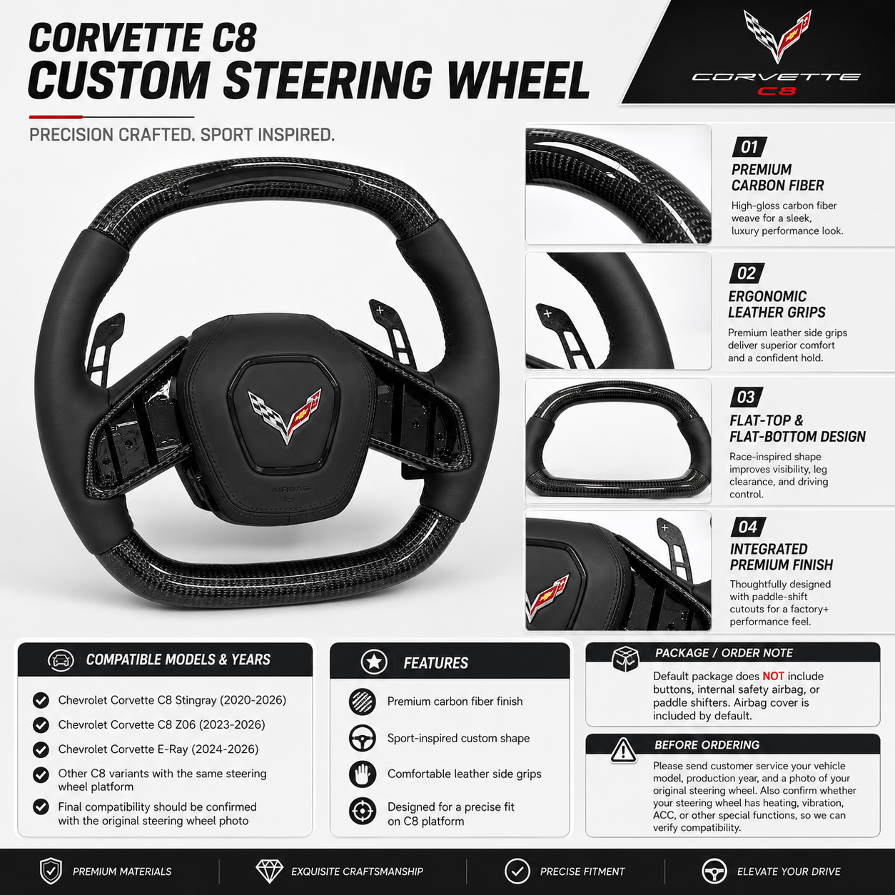 Chevrolet Corvette C8 custom steering wheel product detail image showing carbon fiber finish leather grips and fitment information