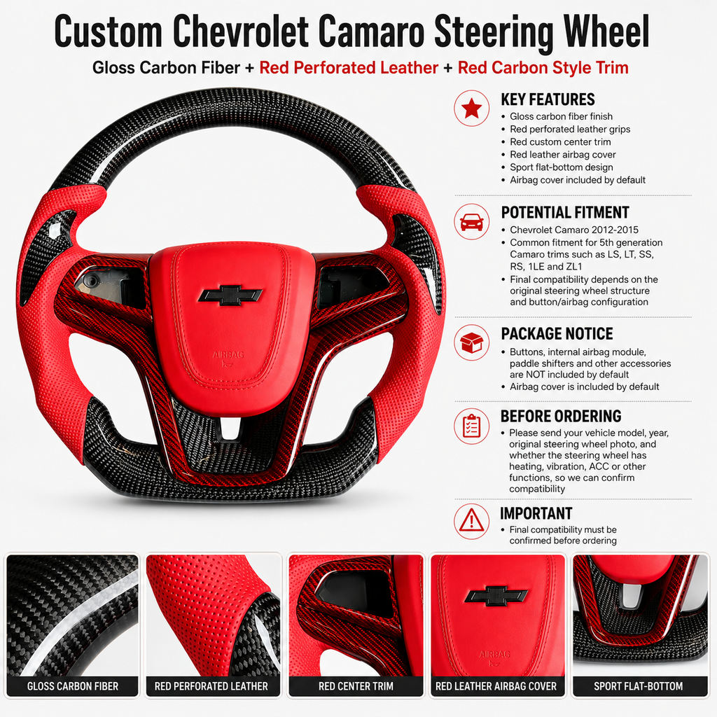 Product detail poster for custom Chevrolet Camaro steering wheel with gloss carbon fiber red perforated leather red airbag cover red carbon trim and fitment information