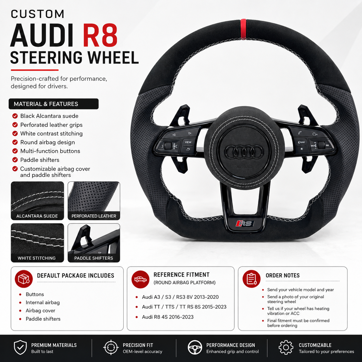 Audi R8 custom steering wheel product detail image showing black Alcantara suede perforated leather white stitching red center marker round airbag design multifunction buttons and paddle shifters for Audi A1 A3 A4 A5 A6 A7 C6 C7 S3 S4 S5 S7 Q3 Q5 Q7 SQ5 RS RS3 RS5 RS6 B8 B9 8P 8V R8 TT