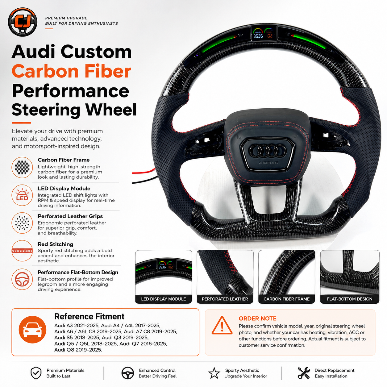 Audi carbon fiber LED steering wheel installed in car interior