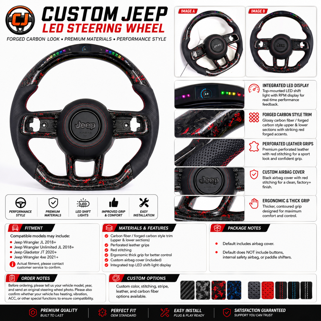 Product detail poster for custom Jeep LED steering wheel with forged carbon look, integrated LED display, perforated leather grips, custom airbag cover and Jeep Wrangler fitment information