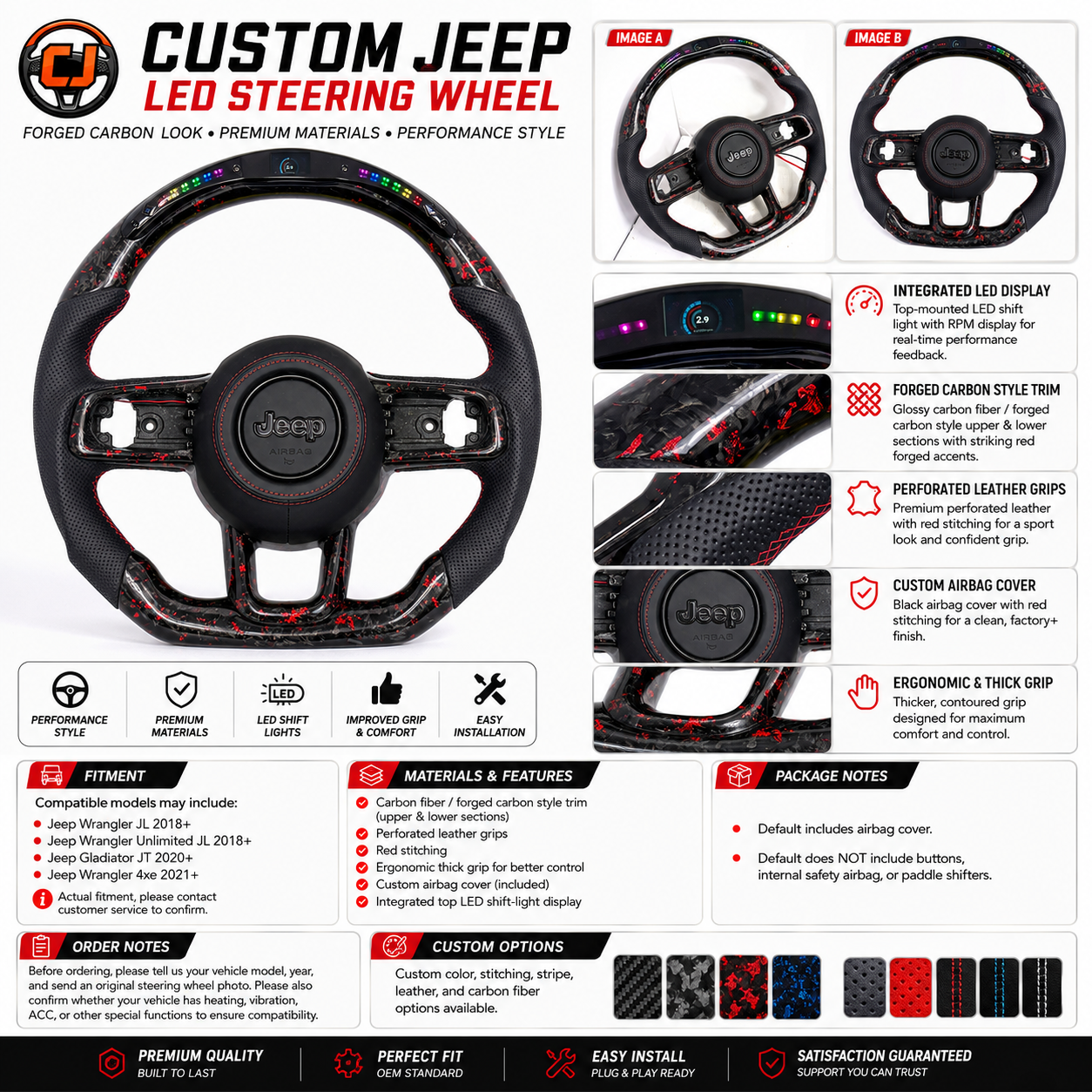 Product detail poster for custom Jeep LED steering wheel with forged carbon look, integrated LED display, perforated leather grips, custom airbag cover and Jeep Wrangler fitment information
