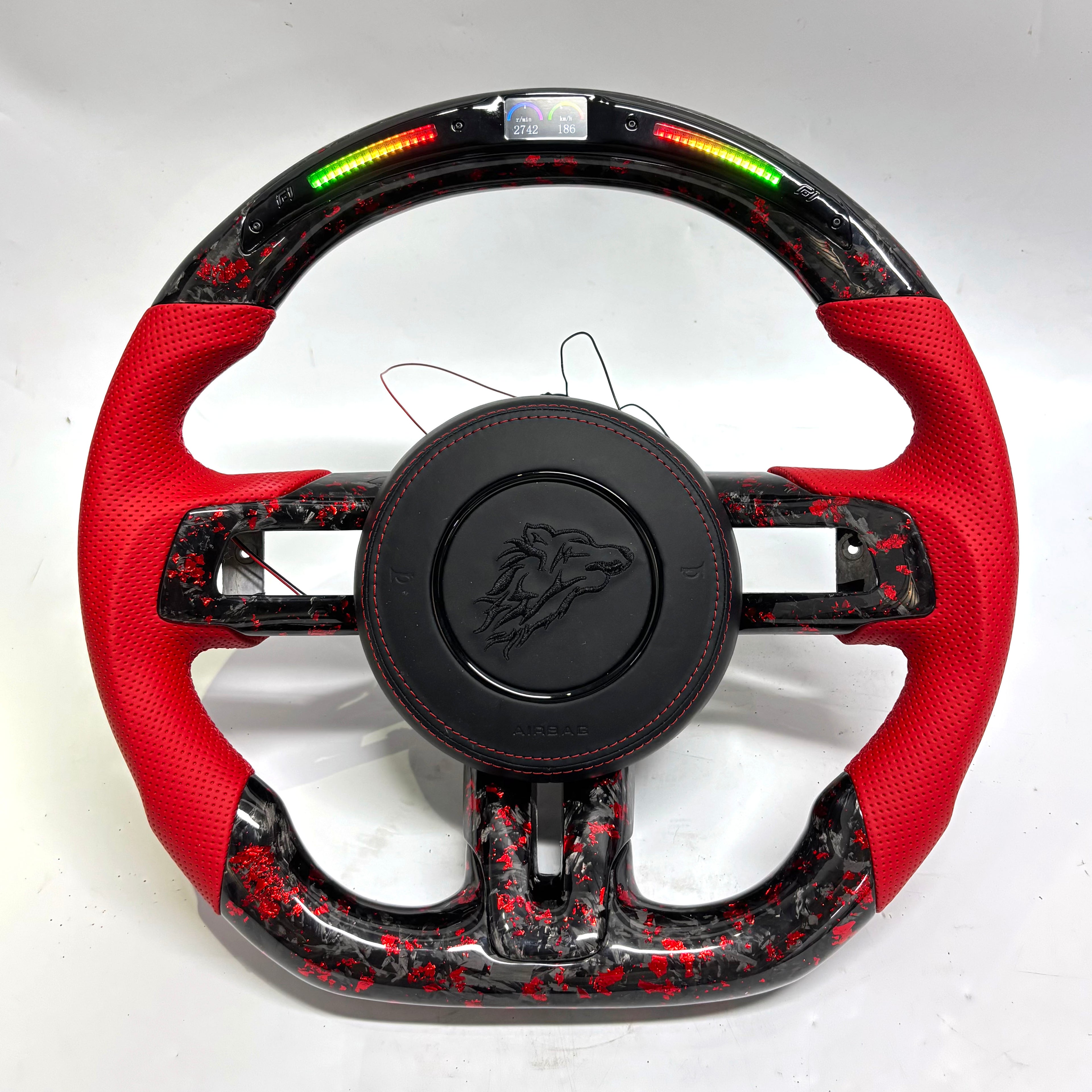 FOR Ford Mustang S550/GT 2015-2023 Carbon Fiber Steering Wheel - Red Forged Carbon Fiber & Red Perforated Leather & Airbag Cover - CJ Mod Garage