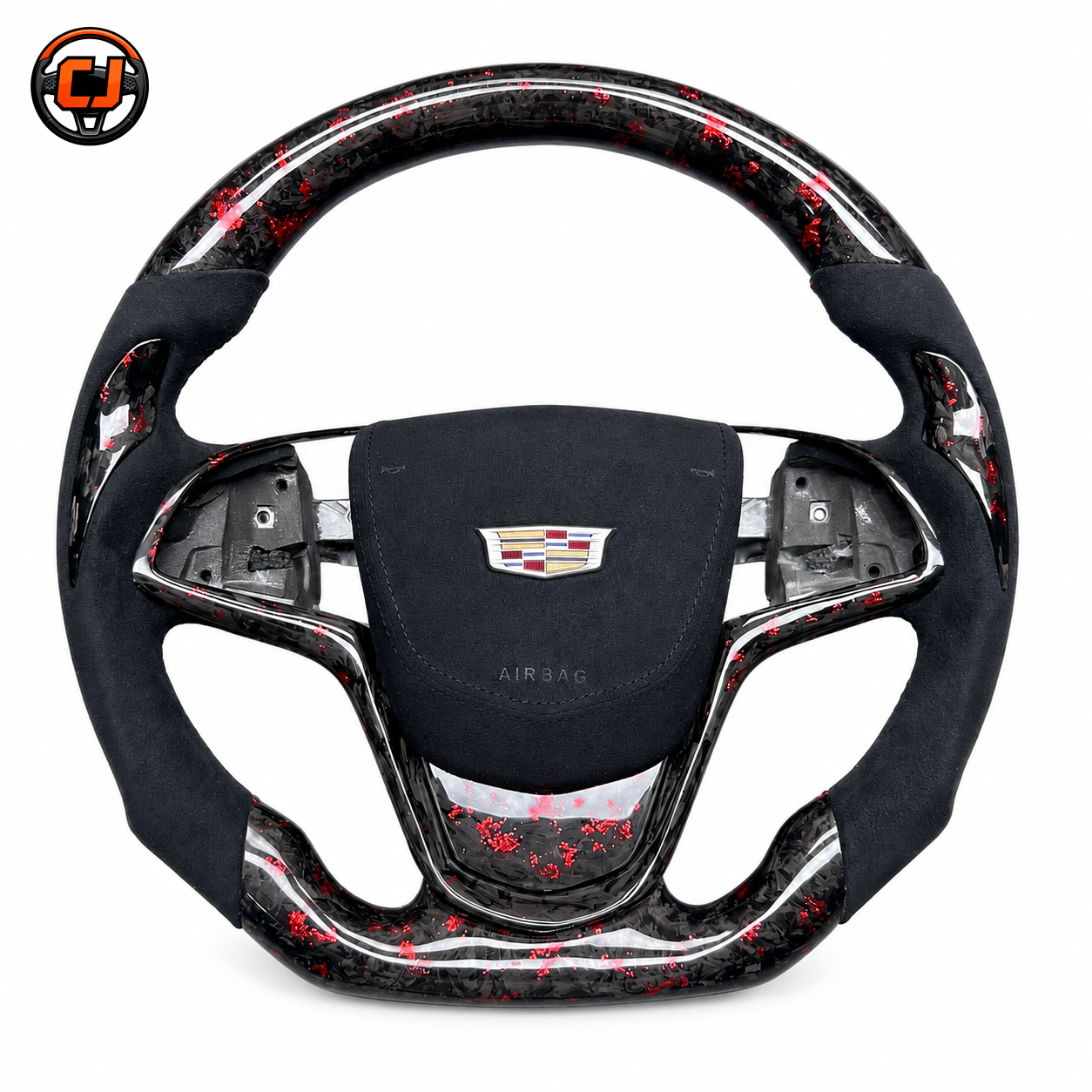 Cadillac ATS red forged carbon and Alcantara style steering wheel front view by CJ Mod Garage