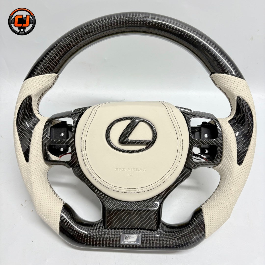 Premium Lexus Steering Wheel Crafted With Real Carbon Fiber White Perforated Leather And F Sport Inspired Design For Lexus IS 2014 2020 RC 2015 2020 GS 2013 2020 NX 2015 2021 CT 2014 2022 CJ Mod Garage