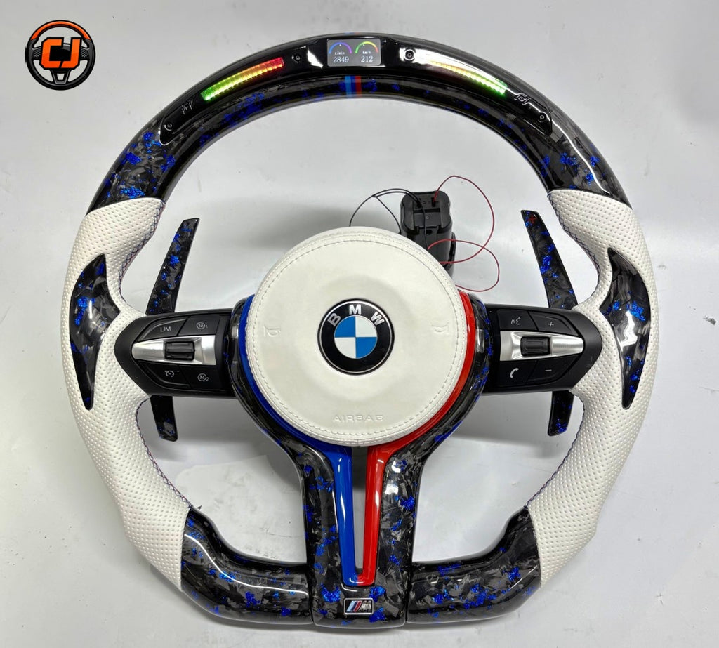 BMW F Series E90 E92 E93 white leather and blue forged carbon fiber steering wheel with LED shift indicator and carbon paddle shifters
