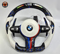 BMW F Series E90 E92 E93 white leather and blue forged carbon fiber steering wheel with LED shift indicator and carbon paddle shifters