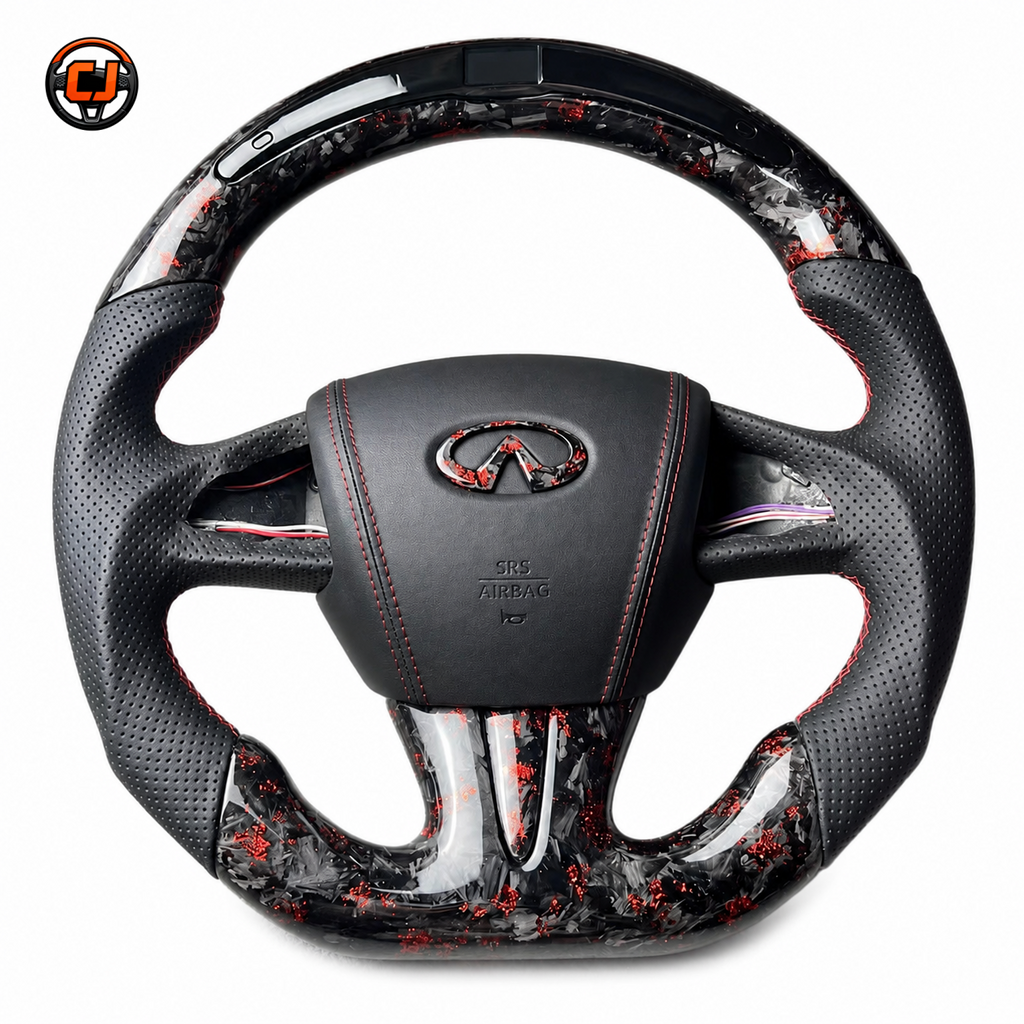 Infiniti Q50 custom forged carbon fiber steering wheel with red flake finish leather airbag cover sporty D shape design by CJ Mod Garage