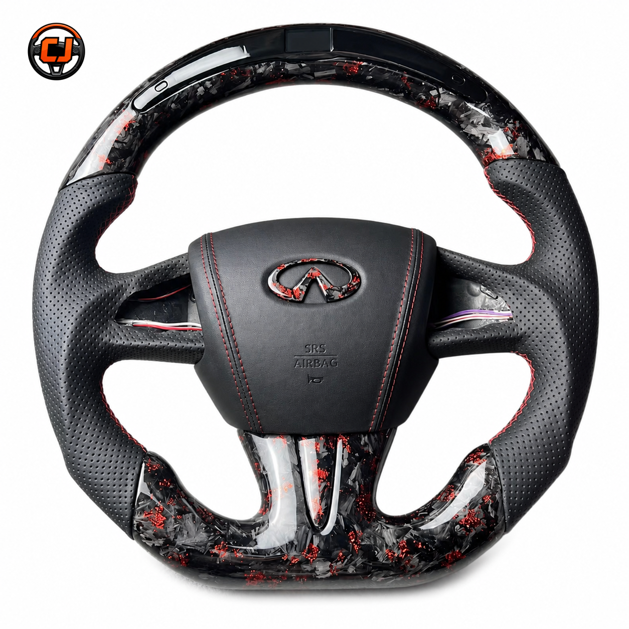Infiniti Q50 custom forged carbon fiber steering wheel with red flake finish leather airbag cover sporty D shape design by CJ Mod Garage