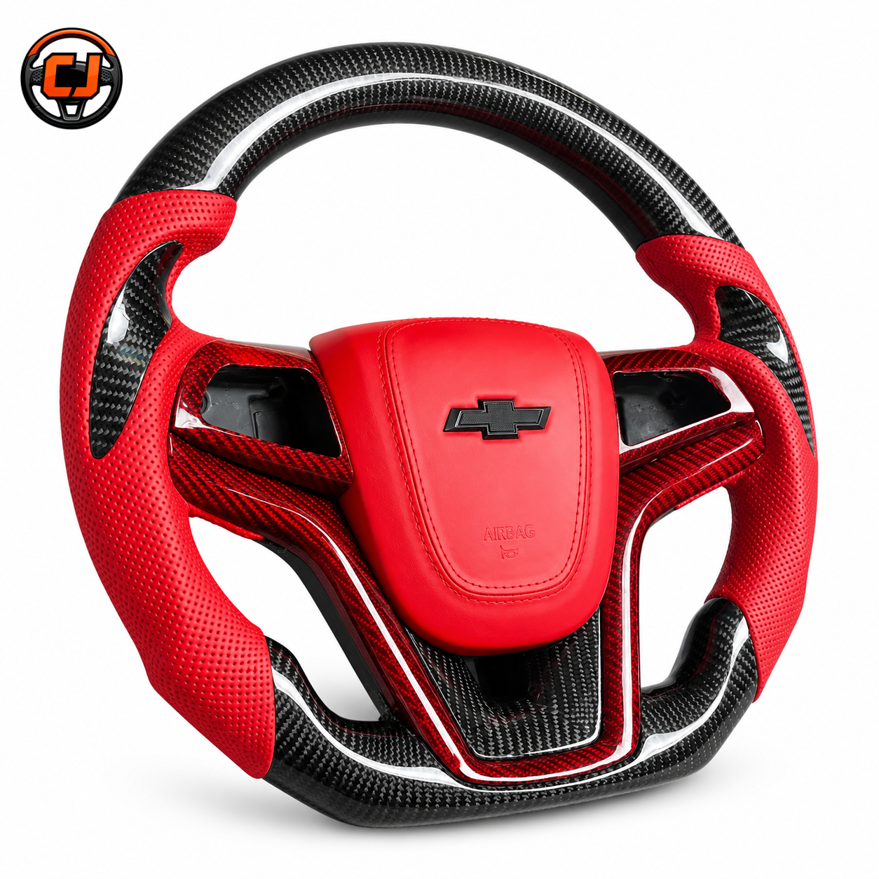 Studio product photo of custom Chevrolet Camaro carbon fiber steering wheel with red perforated leather grips red leather airbag cover red carbon trim and flat bottom sport design