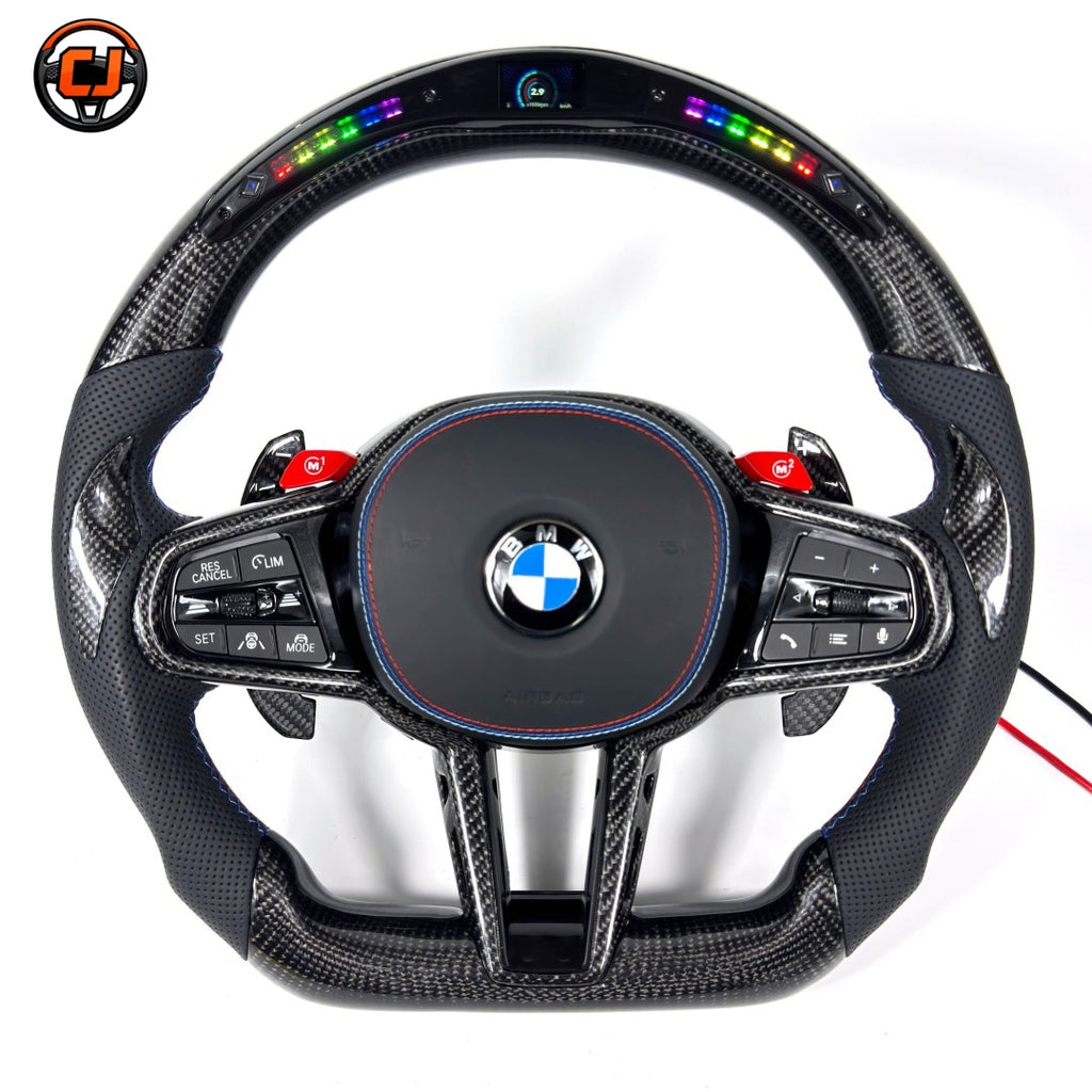 BMW G/F Series 2016-2025 LED carbon fiber steering wheel front view with paddle shifters by CJ Mod Garage