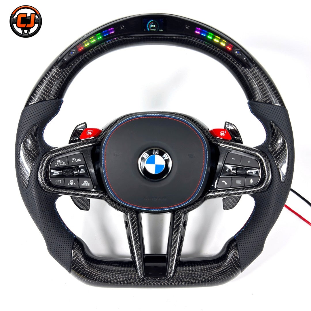 BMW G/F Series 2016-2025 LED carbon fiber steering wheel front view with paddle shifters by CJ Mod Garage