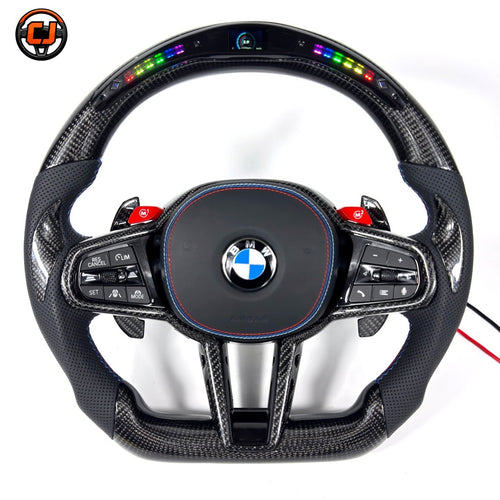 BMW G/F Series 2016-2025 LED carbon fiber steering wheel front view with paddle shifters by CJ Mod Garage