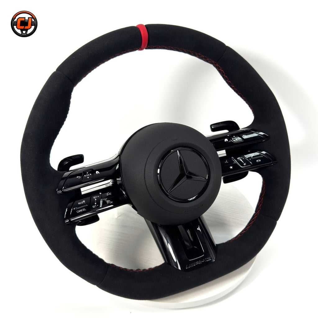 Mercedes W176 A-Class 2013-2018 Alcantara AMG steering wheel angled product view with red stripe by CJ Mod Garage