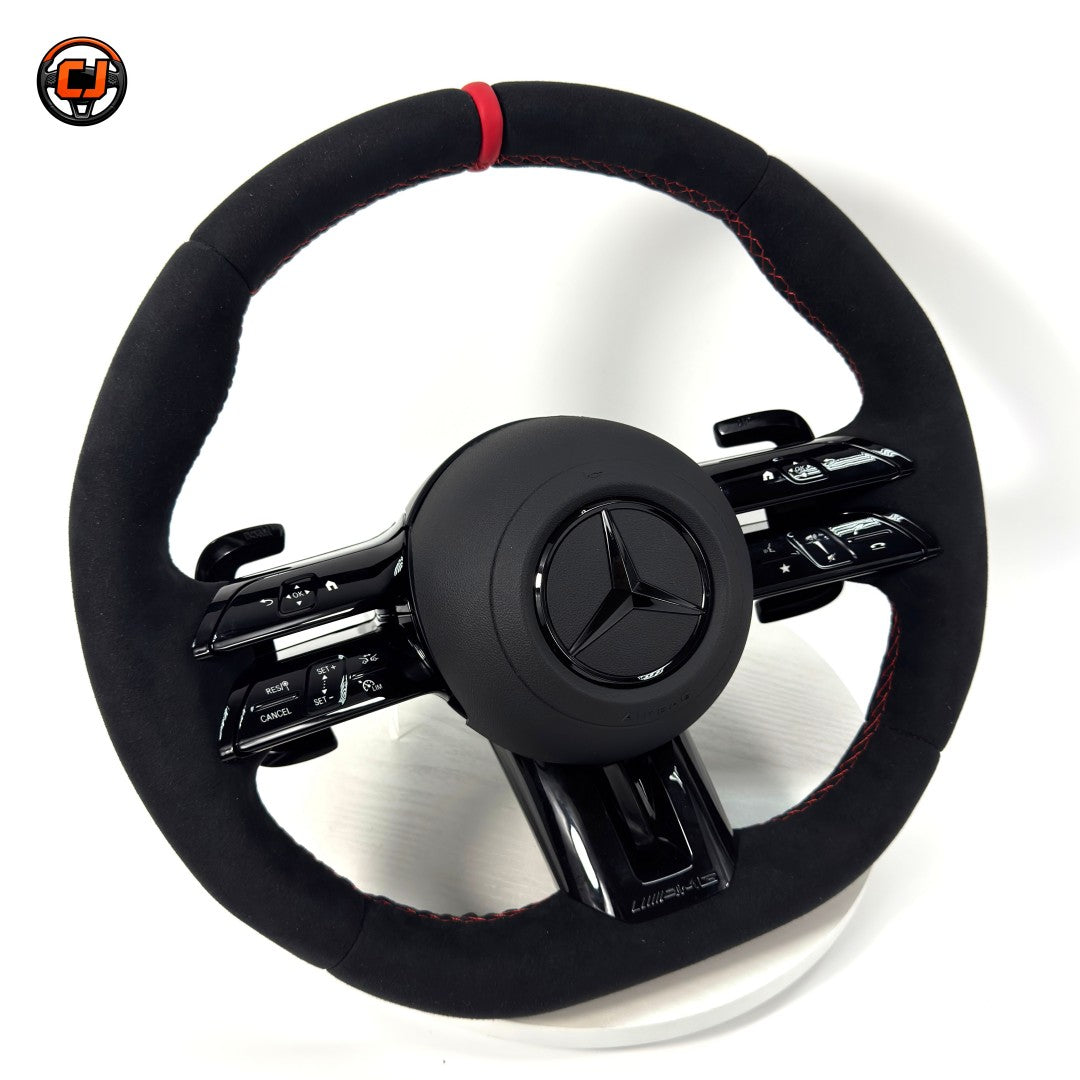 Mercedes W176 A-Class 2013-2018 Alcantara AMG steering wheel angled product view with red stripe by CJ Mod Garage