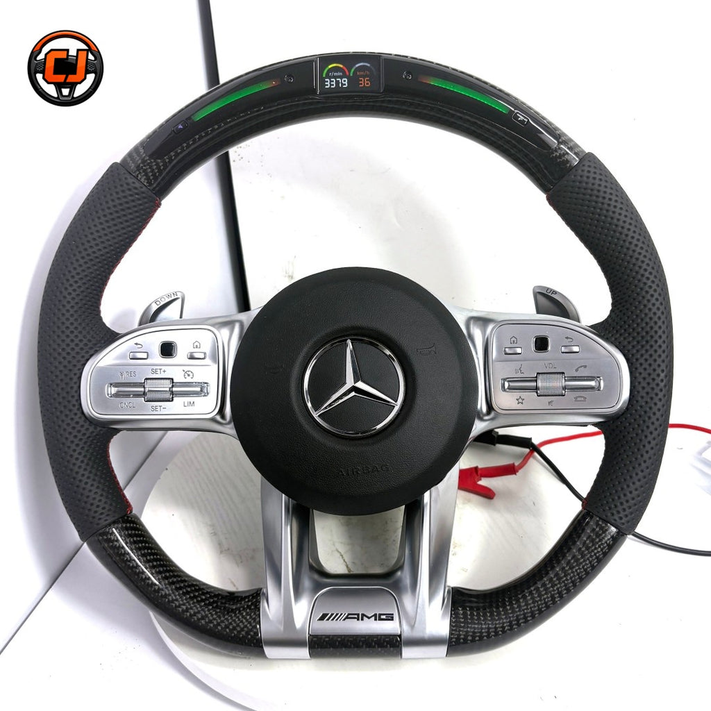 Mercedes AMG custom carbon fiber steering wheel with black perforated leather and LED racing display for W117 W176 W177 W203 W204 W205 C200 C300 by CJ Mod Garage