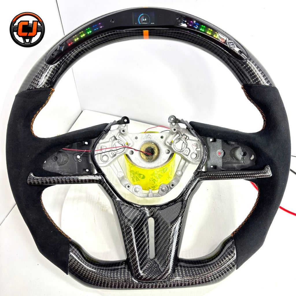 Nissan GT R R35 custom racing steering wheel with carbon fiber construction integrated LED shift indicator Alcantara leather grip by CJ Mod Garage