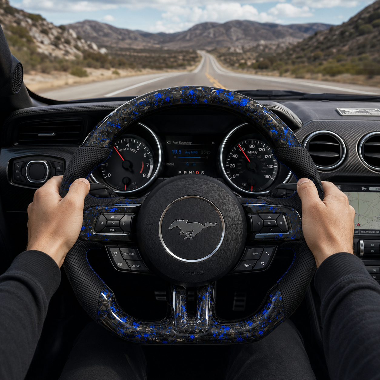 FOR Ford Mustang S550/GT 2015-2023 Carbon Fiber Steering Wheel - Blue Forged Carbon Fiber & Black Perforated Leather - CJ Mod Garage & Driving Scene Images