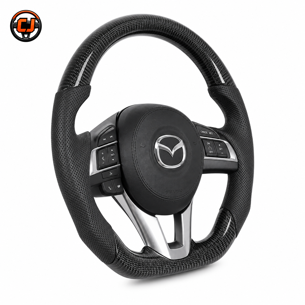 Custom Mazda carbon fiber steering wheel with black perforated leather grips silver spoke trim and airbag cover