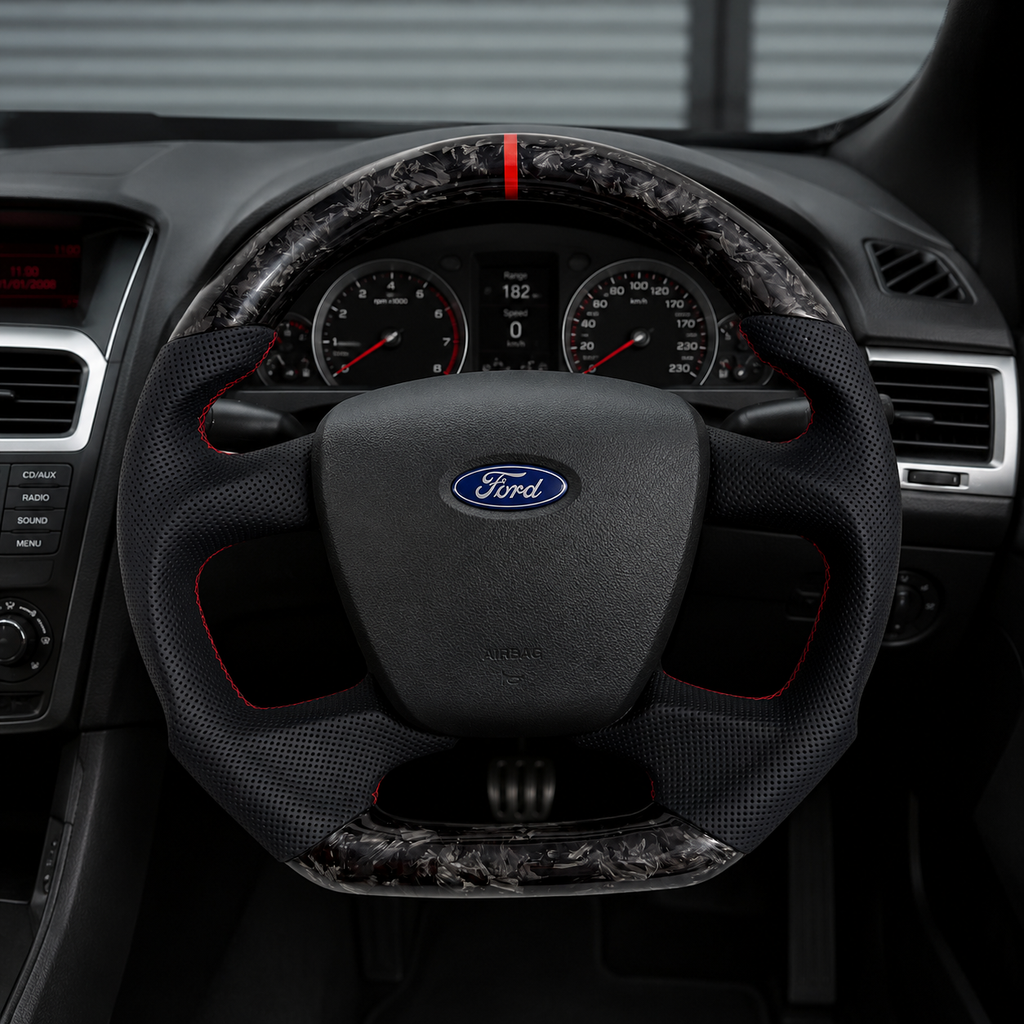 2008-2016 Ford Falcon FG XR XR6 XR8 cockpit view with forged carbon fiber, black perforated leather and red stripe by CJ Mod Garage