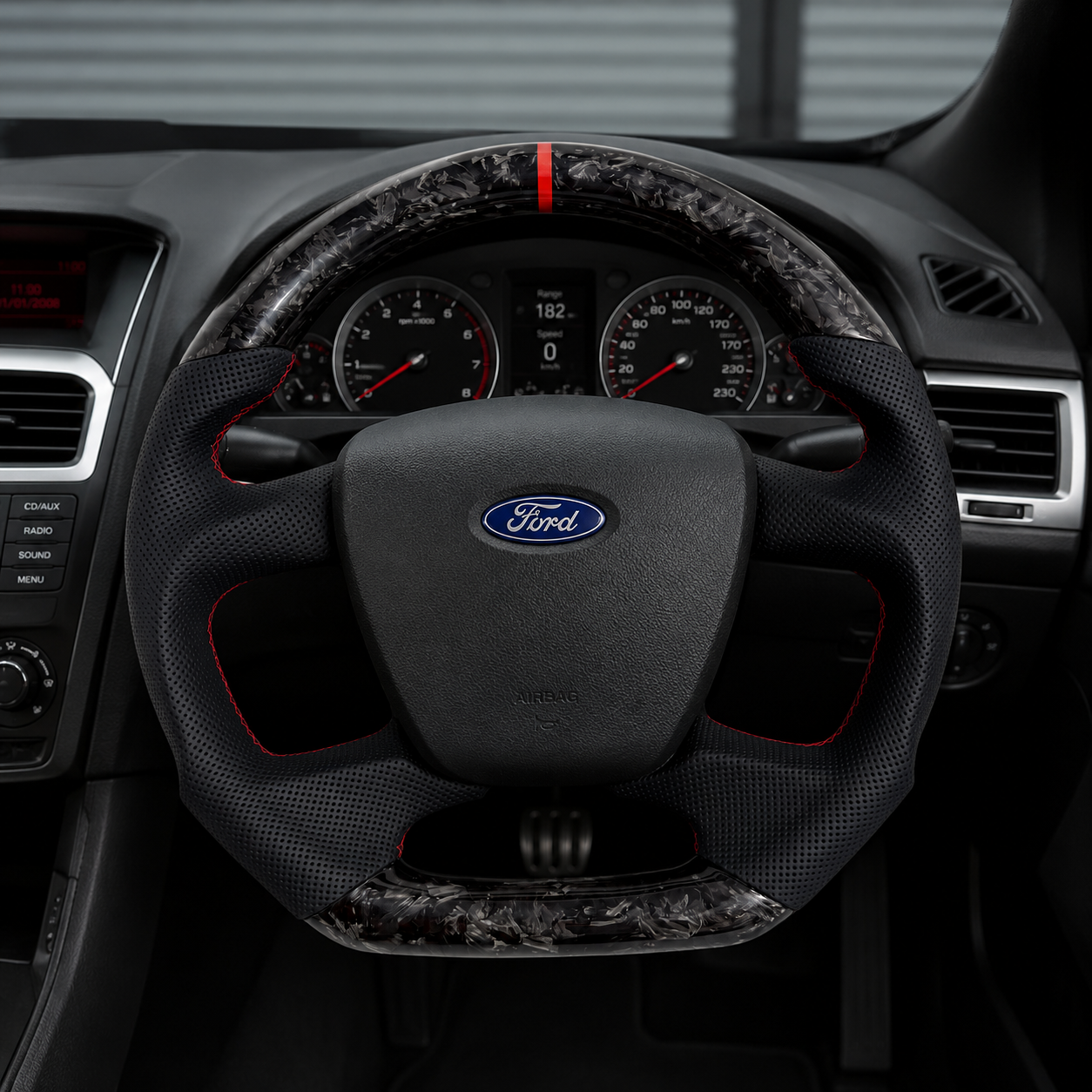 2008-2016 Ford Falcon FG XR XR6 XR8 cockpit view with forged carbon fiber, black perforated leather and red stripe by CJ Mod Garage