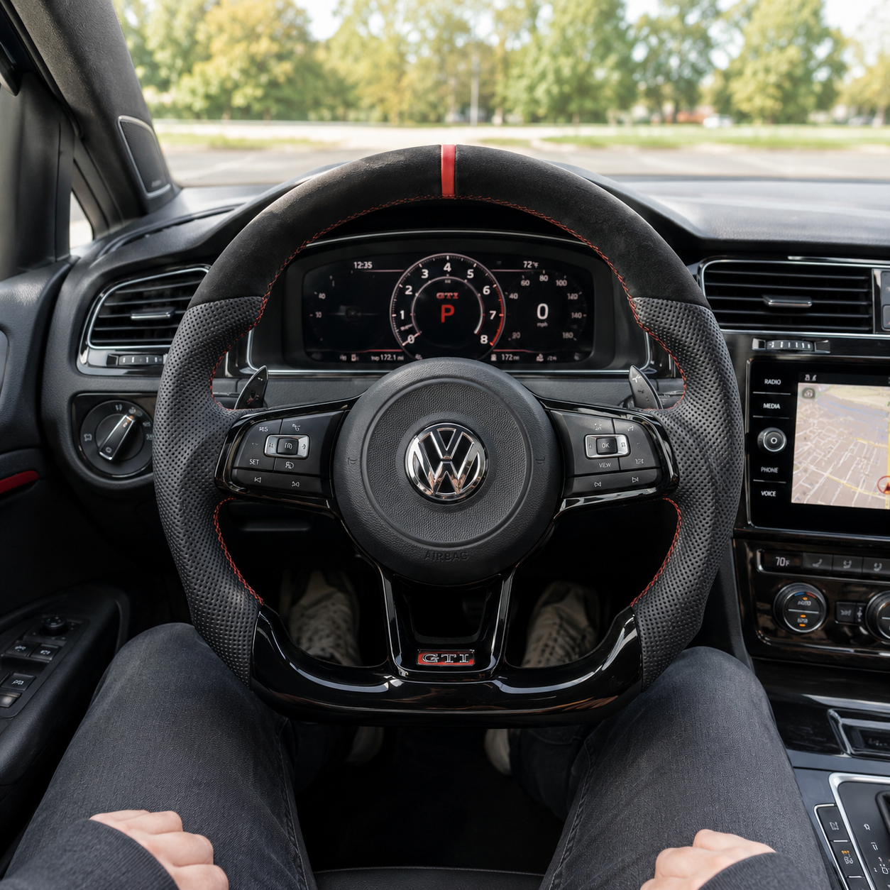 VW Golf GTI Mk7 2013 to 2020 leather Alcantara flat bottom steering wheel cockpit view CJ Mod Garage