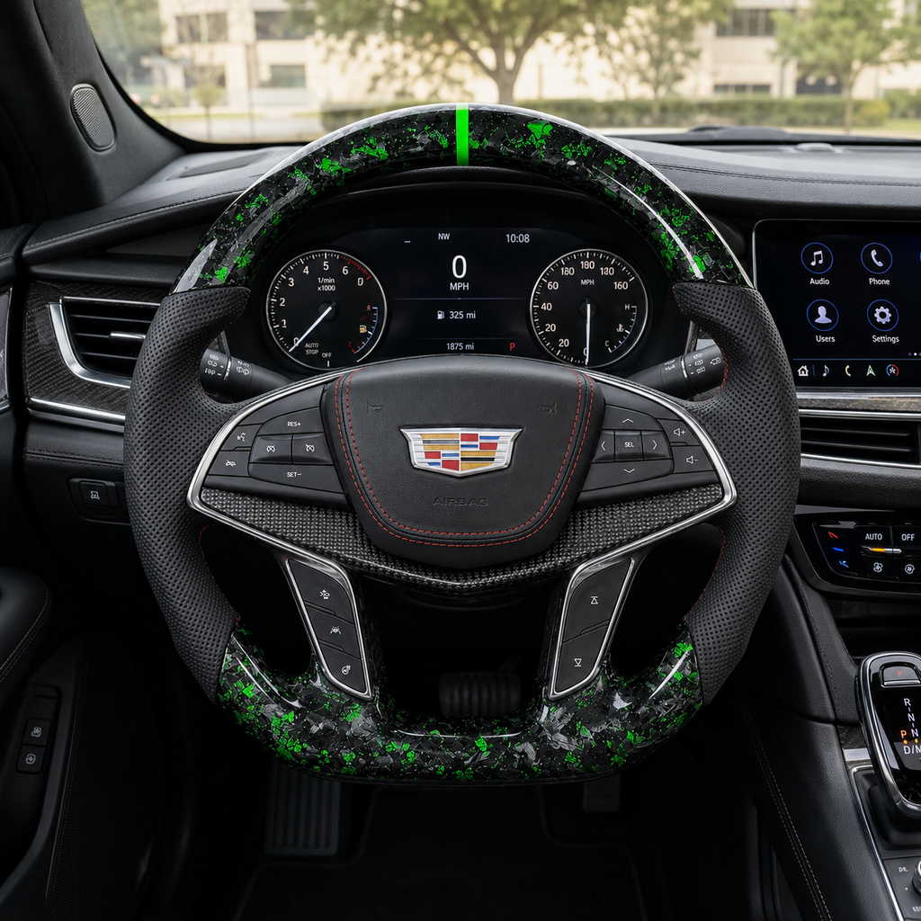 Cadillac XT5 CT6 green forged carbon steering wheel with perforated leather cockpit view by CJ Mod Garage
