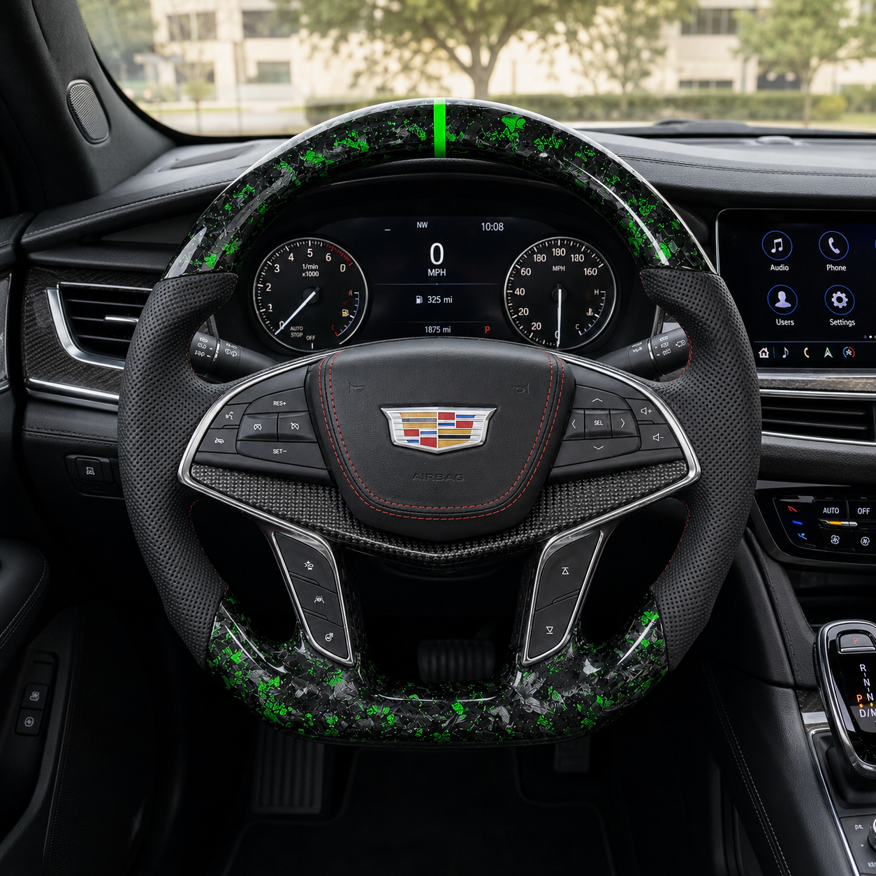 Cadillac XT5 CT6 green forged carbon steering wheel with perforated leather cockpit view by CJ Mod Garage