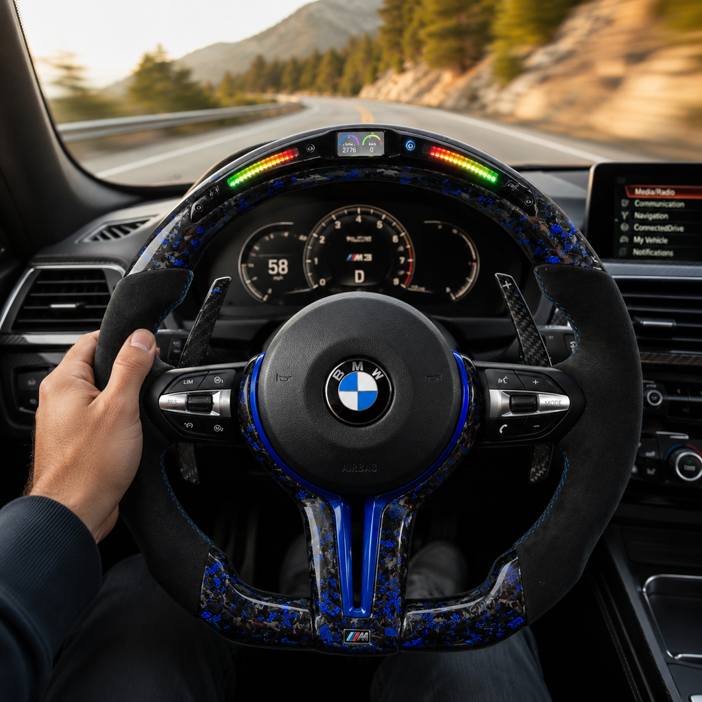 BMW F Series and E Series custom blue forged carbon fiber steering wheel with LED shift lights and Alcantara grips installed in BMW performance interior