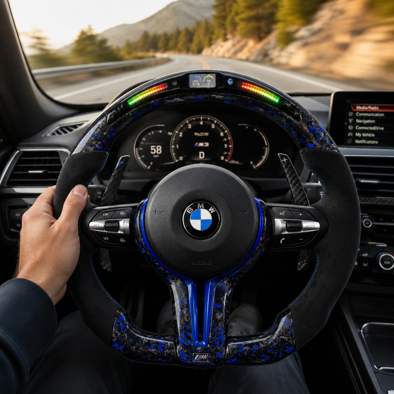 BMW F Series and E Series custom blue forged carbon fiber steering wheel with LED shift lights and Alcantara grips installed in BMW performance interior