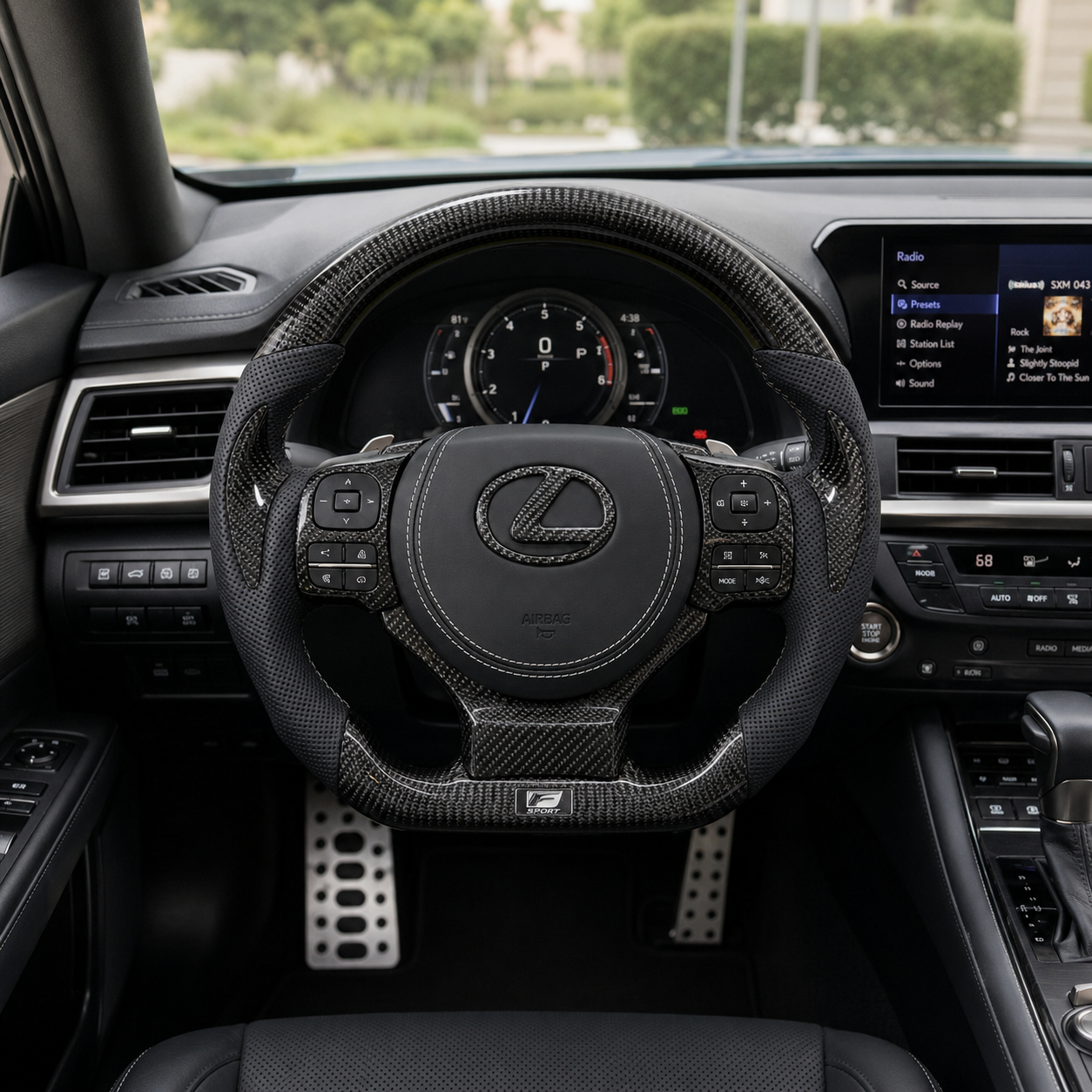 Lexus F Sport Carbon Fiber Steering Wheel With Black Perforated Leather And Matching Airbag Cover Installed In Cabin For Lexus IS 2014 2020 RC 2015 2020 GS 2013 2020 NX 2015 2021 CT 2014 2022 CJ Mod Garage