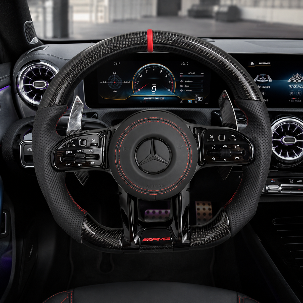 Mercedes AMG carbon fiber steering wheel with red center stripe black perforated leather grips for W117 W176 W177 W205 W213 C43 C63 C200 C300 CJ Mod Garage