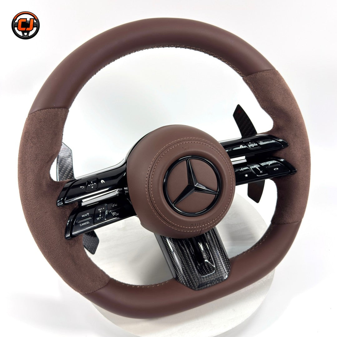 Mercedes W205 C-Class 2015-2021 brown leather Alcantara AMG steering wheel by CJ Mod Garage