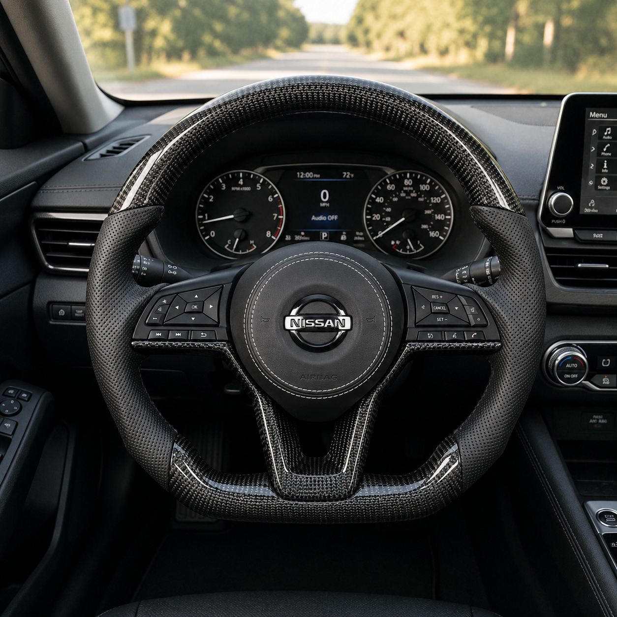 Nissan Sylphy B17 custom carbon fiber steering wheel with perforated leather grips OEM controls and premium interior upgrade by CJ Mod Garage