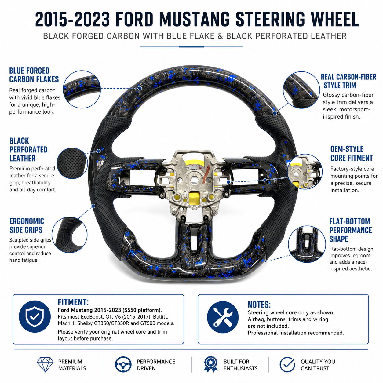 FOR Ford Mustang S550/GT 2015-2023 Carbon Fiber Steering Wheel - Blue Forged Carbon Fiber & Black Perforated Leather - CJ Mod Garage & Product Details Image