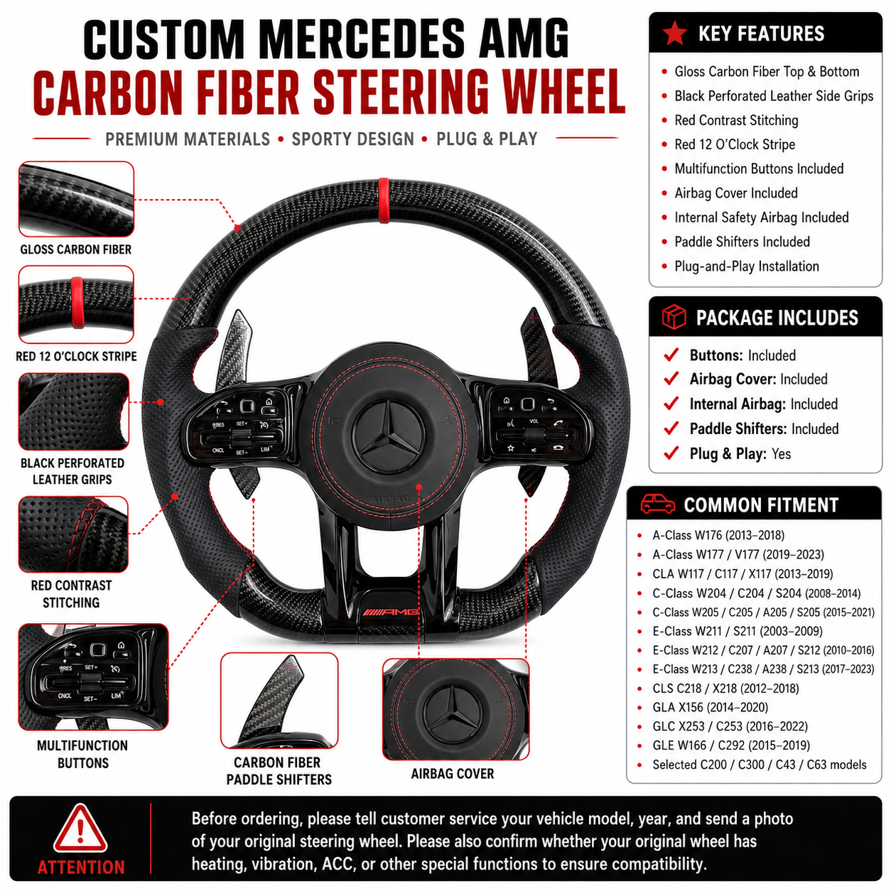 Custom Mercedes AMG steering wheel with gloss carbon fiber red stitching paddle shifters for W203 W204 W205 W211 W212 W218 C43 C63 C200 C300 CJ Mod Garage