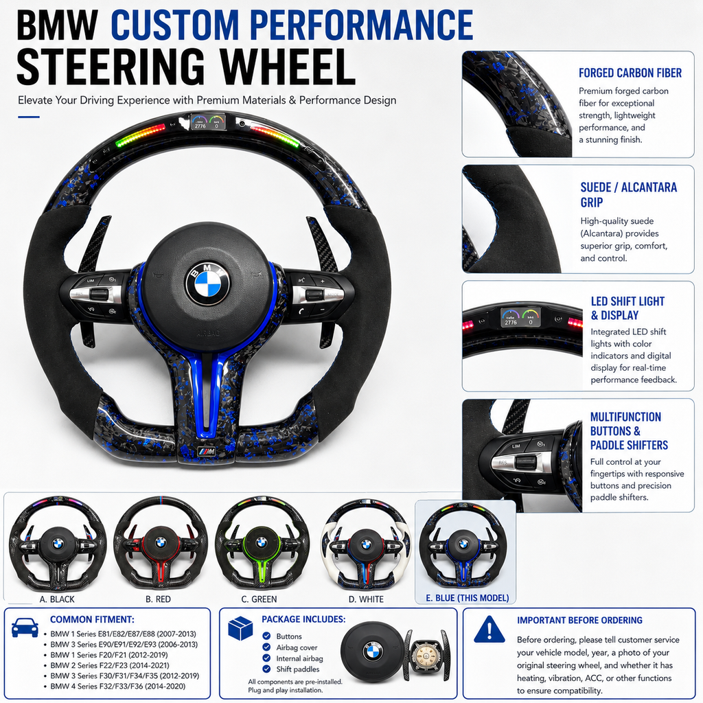 Custom BMW F Series E Series forged carbon fiber performance steering wheel with blue accents, LED display, Alcantara grips, and carbon paddle shifters