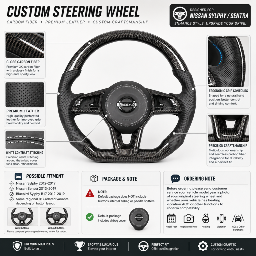 Nissan Sentra B17 custom steering wheel crafted from glossy carbon fiber and perforated leather with ergonomic grip design by CJ Mod Garage