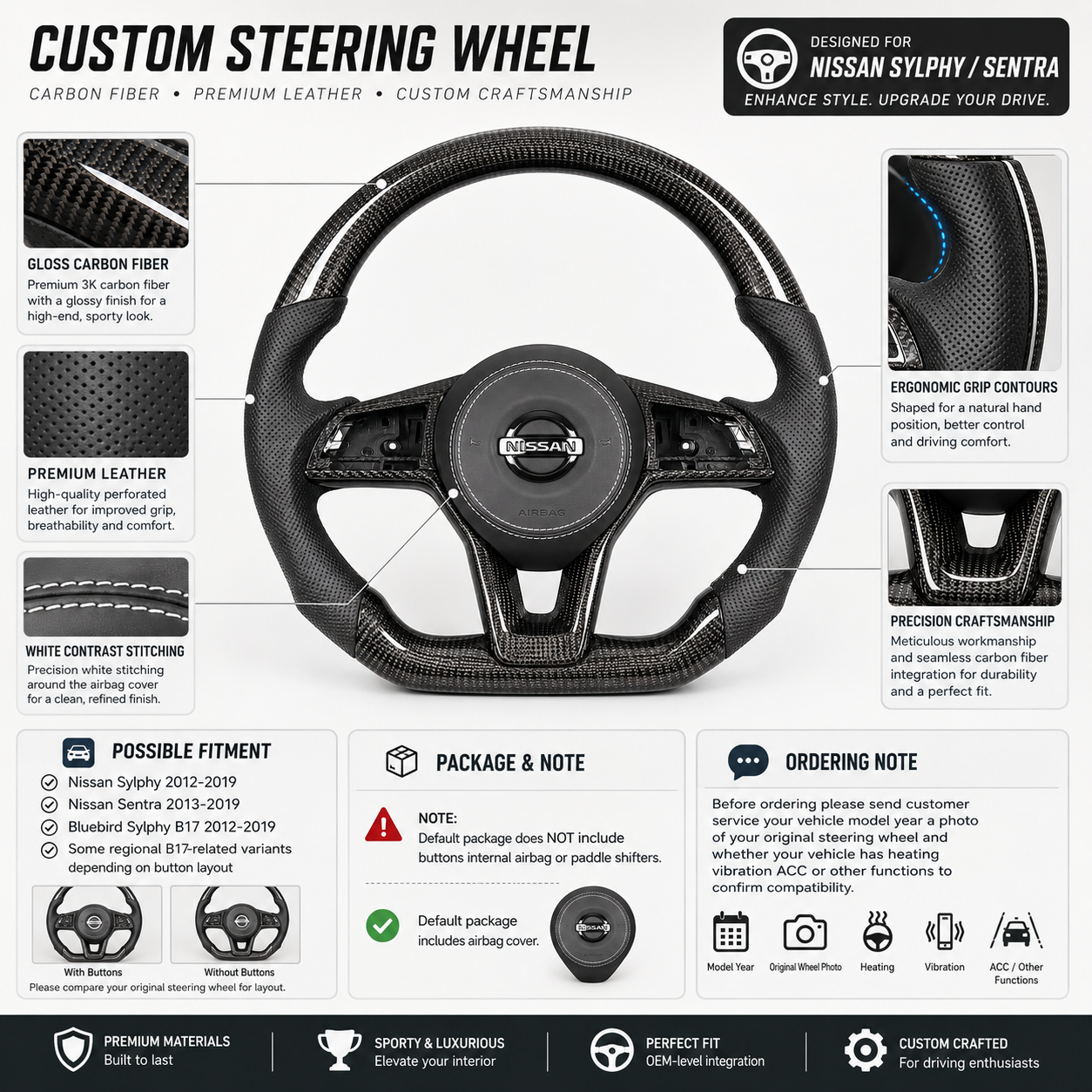 Nissan Sentra B17 custom steering wheel crafted from glossy carbon fiber and perforated leather with ergonomic grip design by CJ Mod Garage