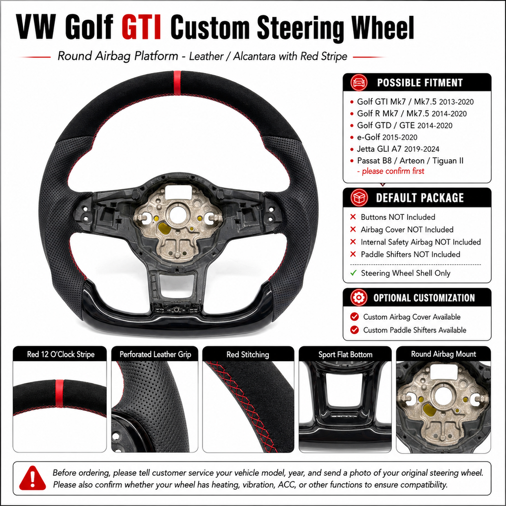 VW Golf GTI Mk7 2013 to 2020 leather Alcantara steering wheel shell detail sheet with red stripe CJ Mod Garage