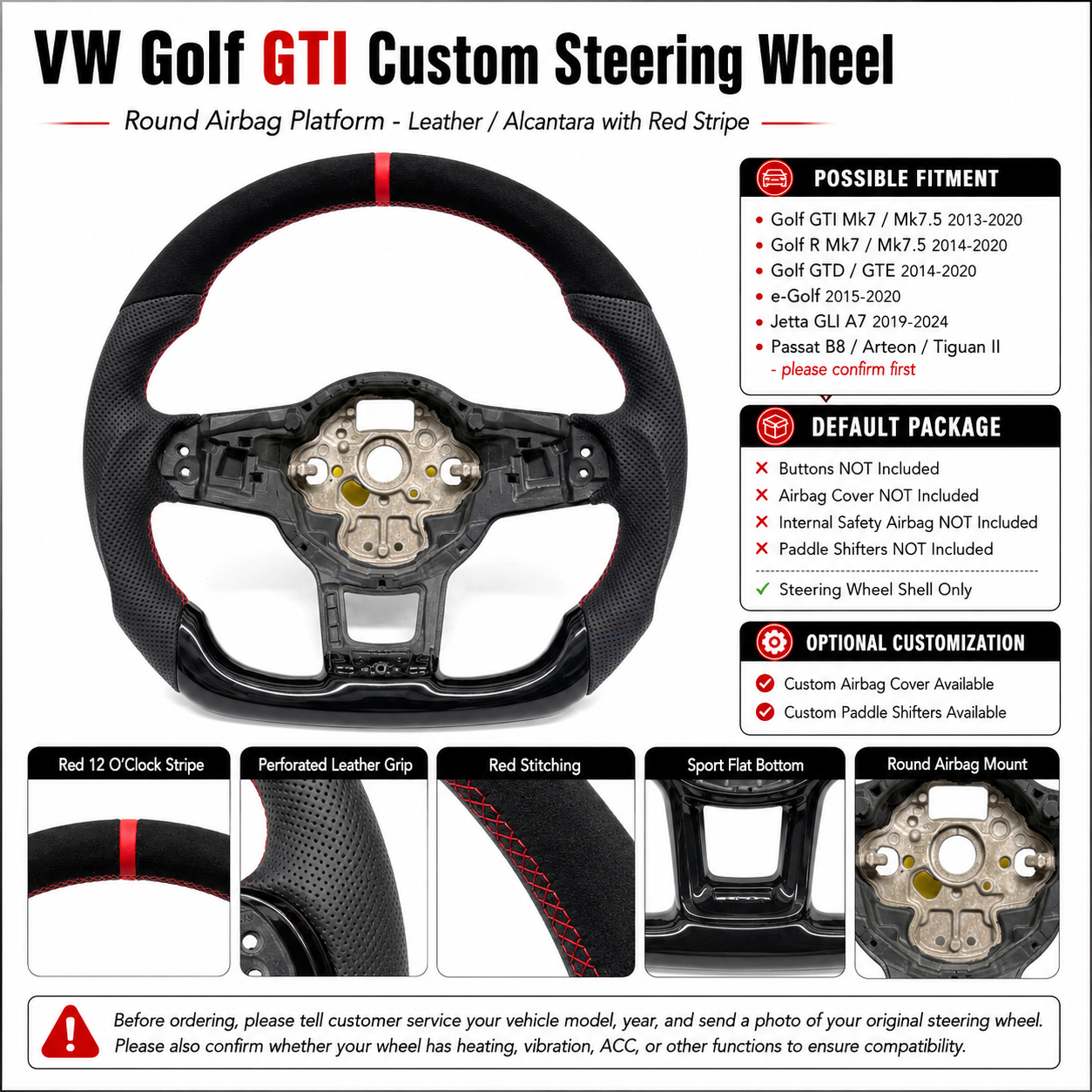 VW Golf GTI Mk7 2013 to 2020 leather Alcantara steering wheel shell detail sheet with red stripe CJ Mod Garage