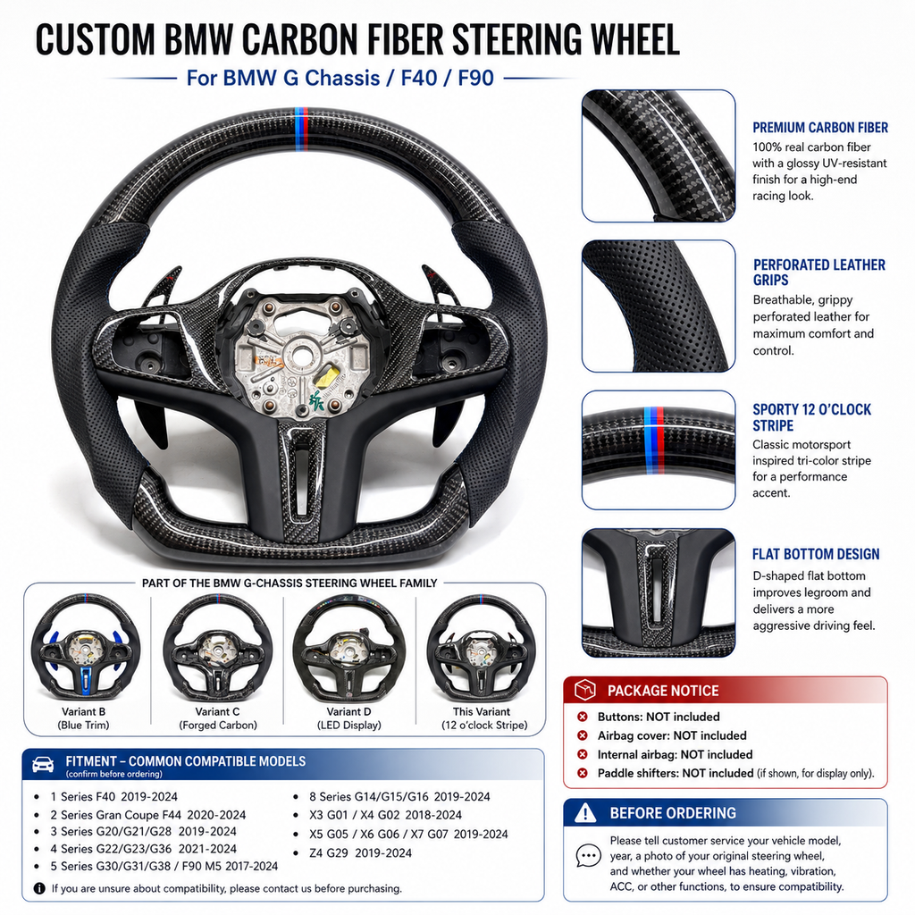 CJ Mod Garage BMW custom carbon fiber steering wheel infographic featuring premium gloss carbon fiber, perforated leather grips, sporty 12 o’clock M stripe, flat-bottom D-shape design, multiple steering wheel variants, and compatibility with BMW G02 G05 G06 G09 G11 G12 G15 G20 G22 G28 G29 G30 G38 G80 G82 F40 F90