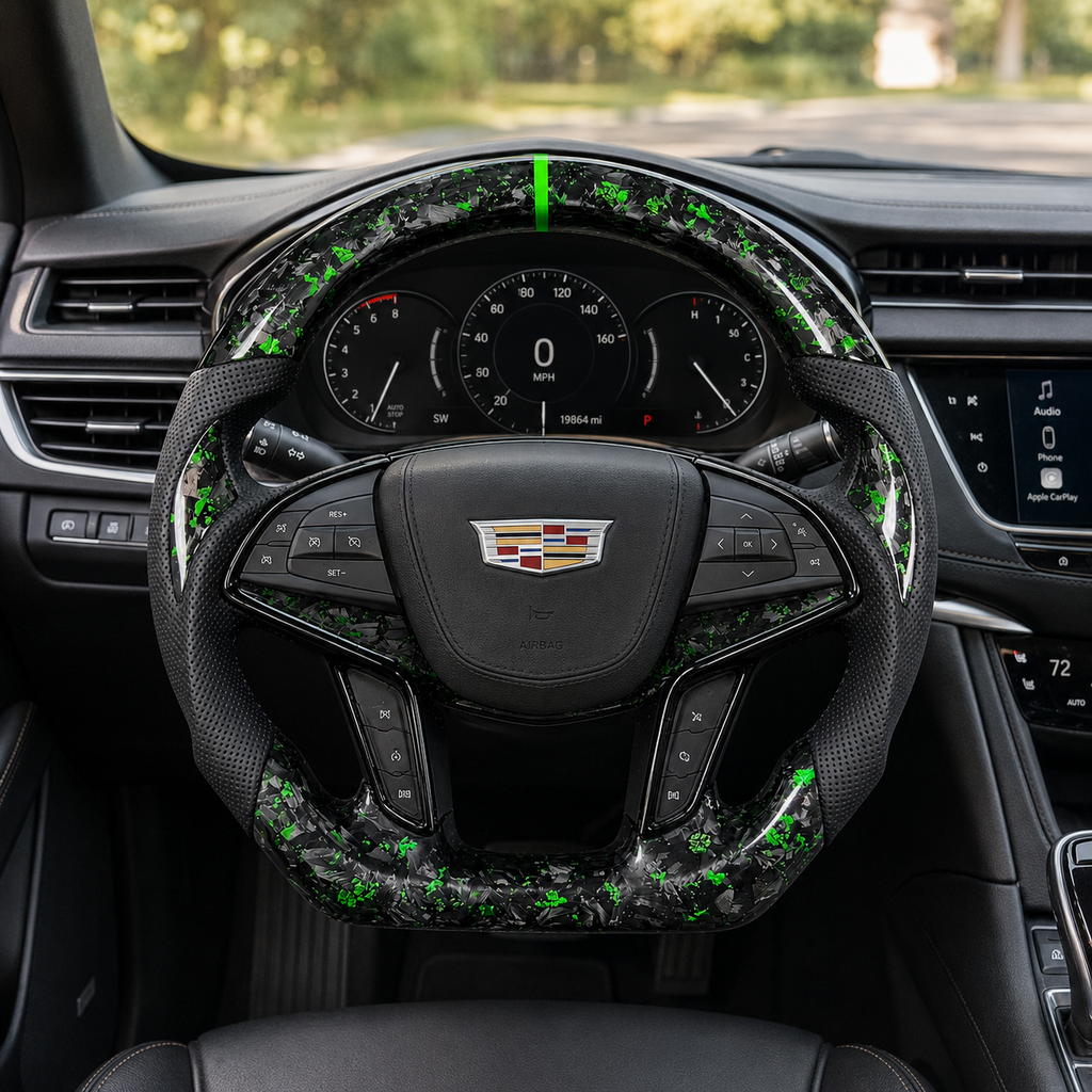 Cadillac XT5 CT6 custom steering wheel in green forged carbon with black leather grips by CJ Mod Garage