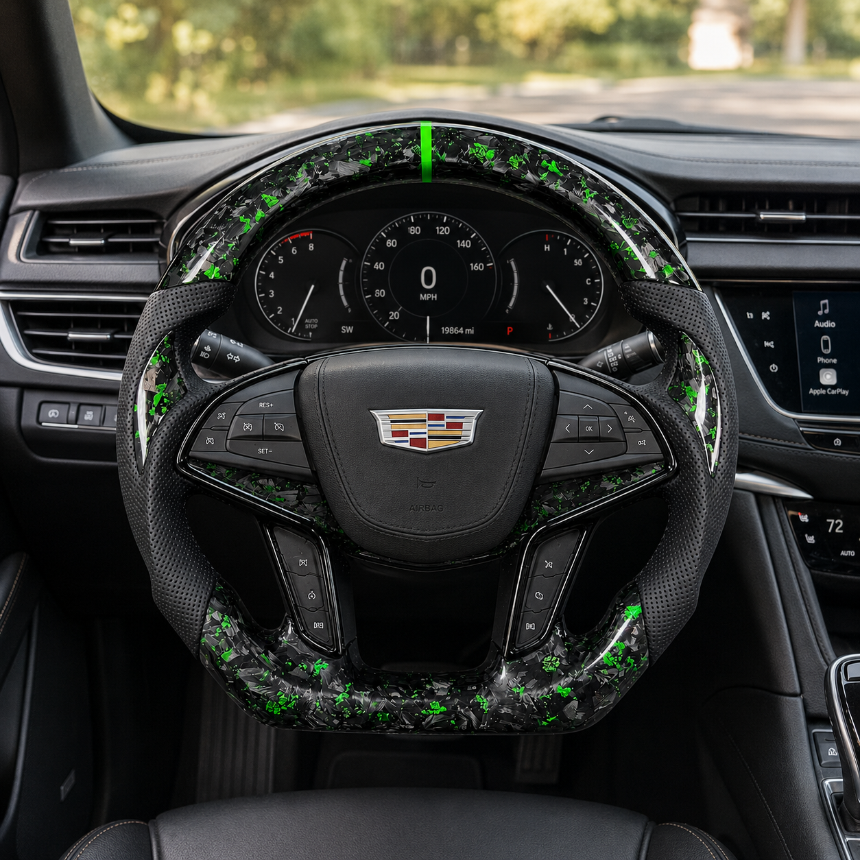Cadillac XT5 CT6 custom steering wheel in green forged carbon with black leather grips by CJ Mod Garage