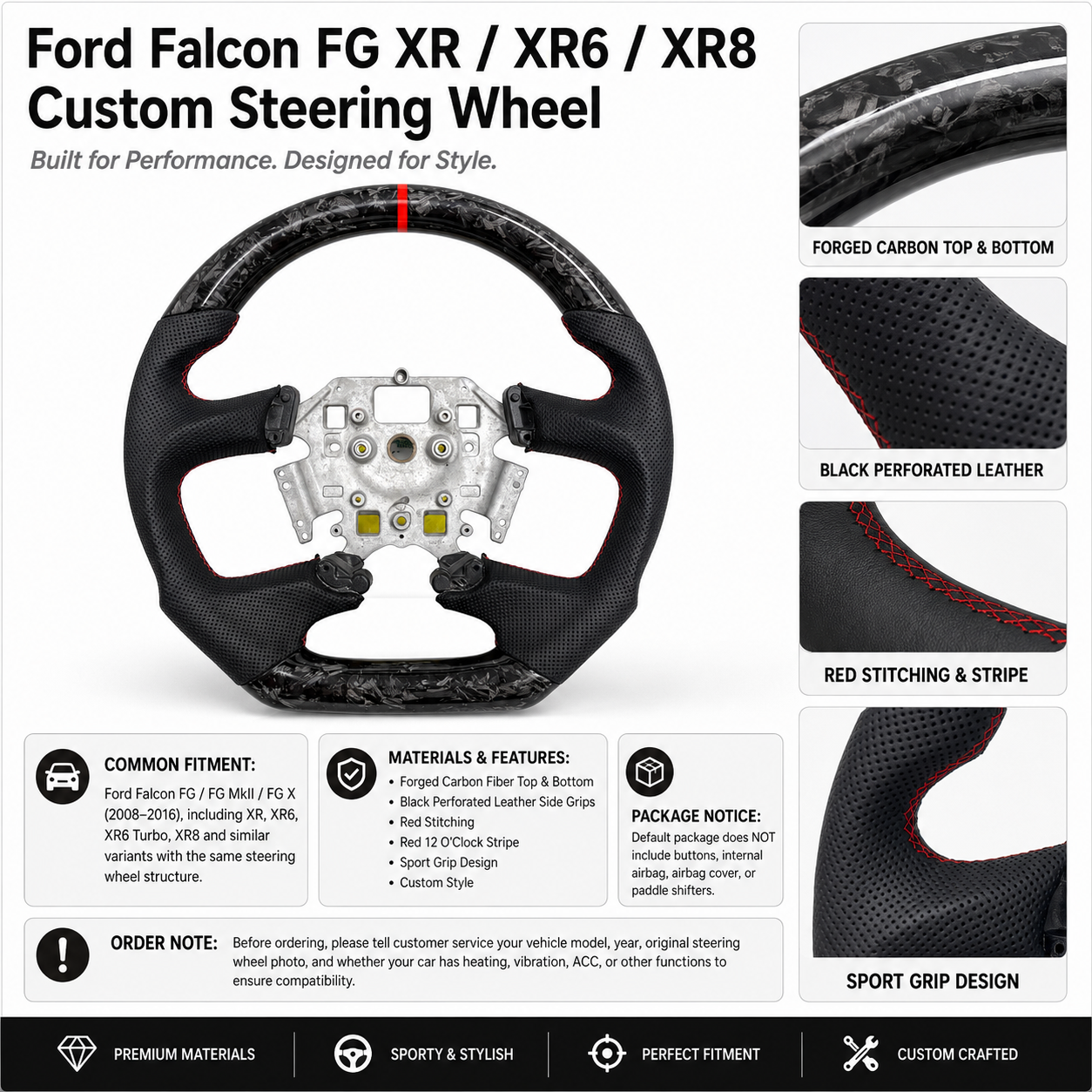 Ford Falcon FG XR XR6 XR8 custom steering wheel feature sheet with forged carbon fiber and black perforated leather by CJ Mod Garage
