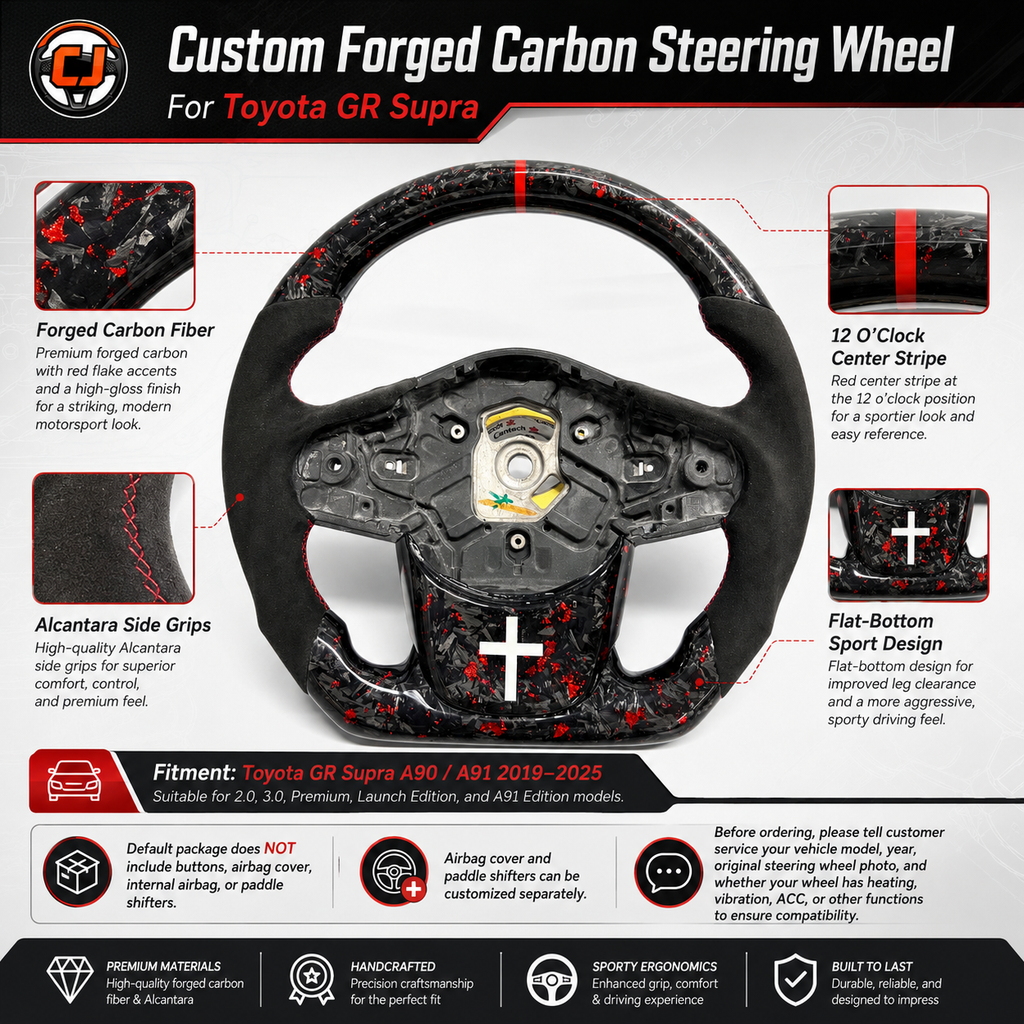 Custom Toyota GR Supra 2019-2025 steering wheel featuring forged carbon with red metallic flakes, premium Alcantara grips and flat-bottom motorsport styling by CJ Mod Garage