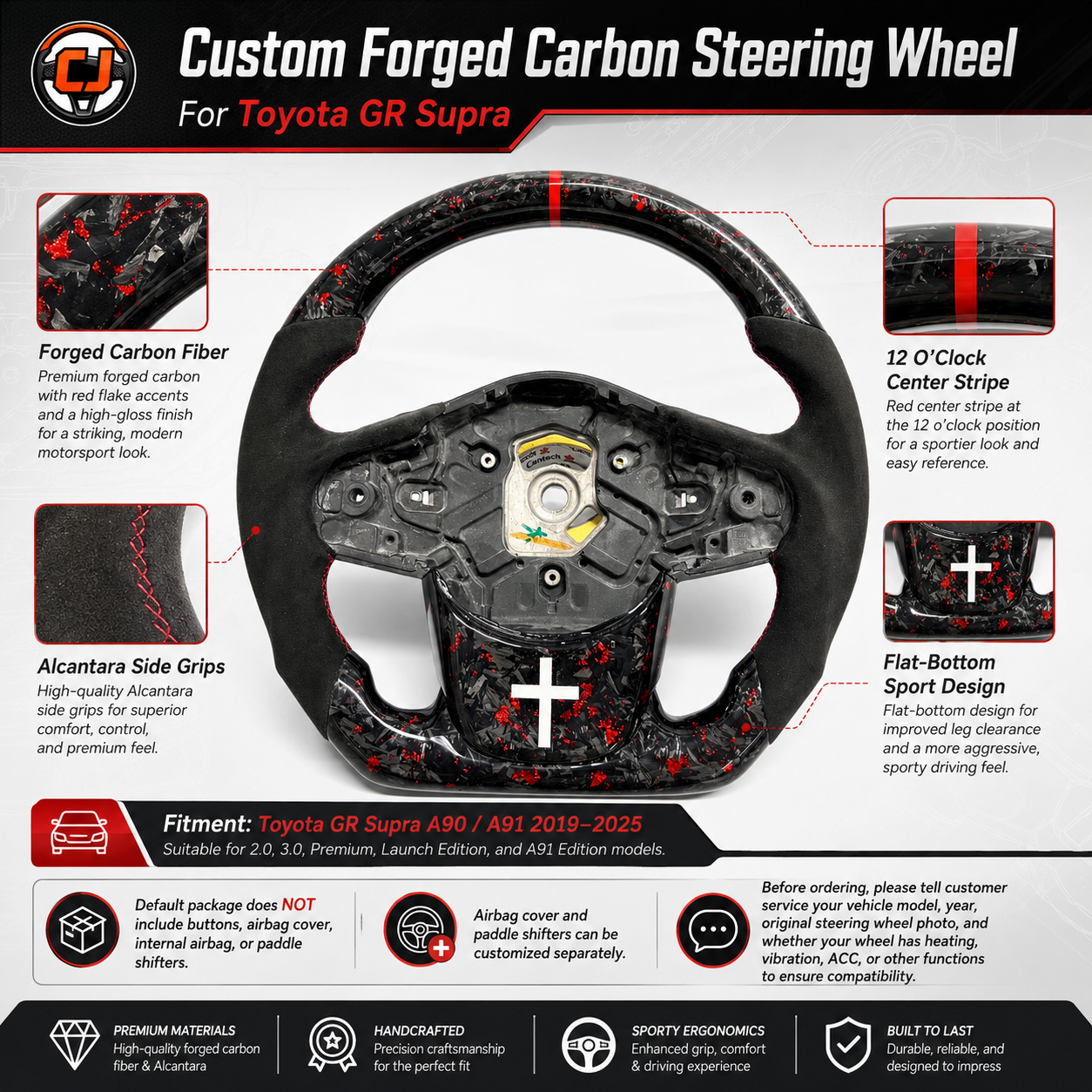 Custom Toyota GR Supra 2019-2025 steering wheel featuring forged carbon with red metallic flakes, premium Alcantara grips and flat-bottom motorsport styling by CJ Mod Garage