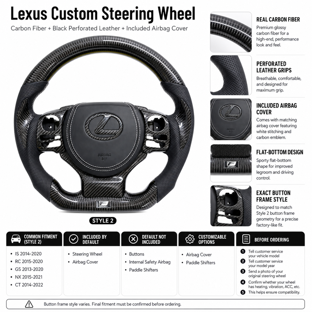 Custom Lexus Steering Wheel Featuring Real Carbon Fiber Black Leather Grips Included Airbag Cover Flat Bottom Design And OEM Style Button Frame For Lexus IS 2014 2020 RC 2015 2020 GS 2013 2020 NX 2015 2021 CT 2014 2022 CJ Mod Garage