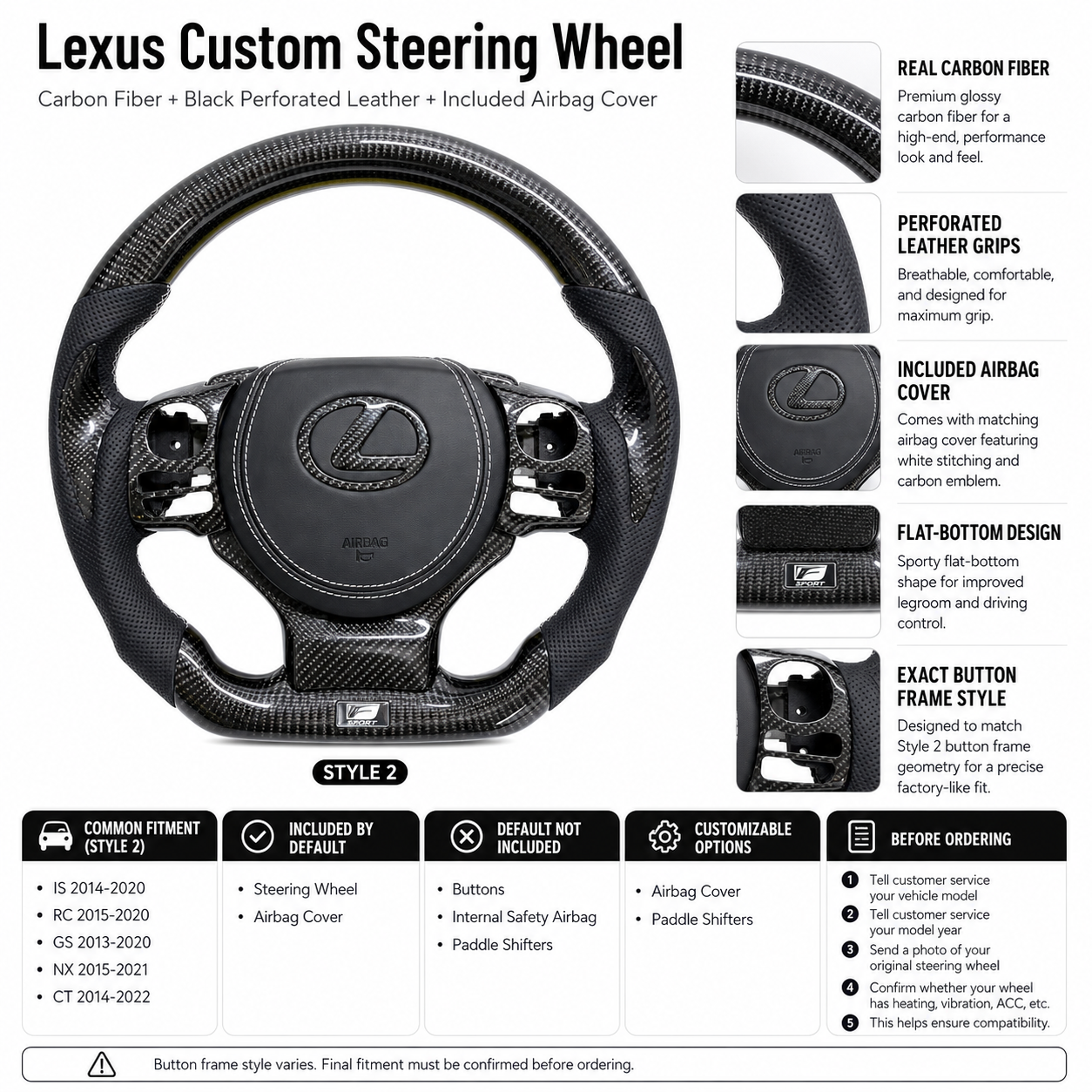 Custom Lexus Steering Wheel Featuring Real Carbon Fiber Black Leather Grips Included Airbag Cover Flat Bottom Design And OEM Style Button Frame For Lexus IS 2014 2020 RC 2015 2020 GS 2013 2020 NX 2015 2021 CT 2014 2022 CJ Mod Garage