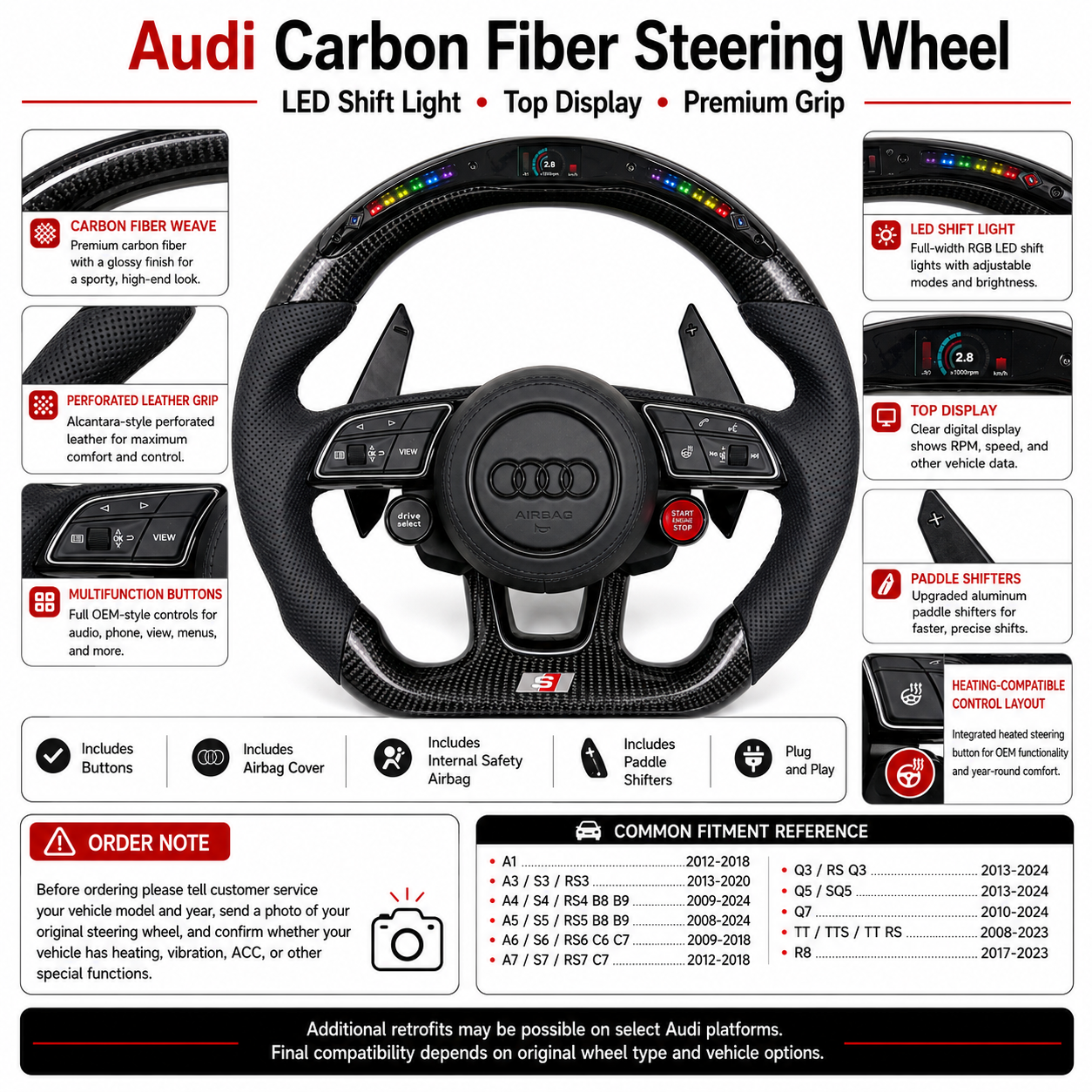 Carbon Fiber Audi Steering Wheel for A1 A3 A4 A5 A6 A7 C6 C7 S3 S4 S5 S7 Q3 Q5 Q7 SQ5 RS RS3 RS5 RS6 B8 B9 8P 8V R8 TT -CJ Mod Garage 38